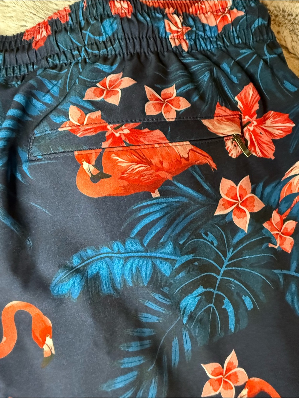 Caribbean flamingo floral swim trunks on navy background large - Picture 5 of 7